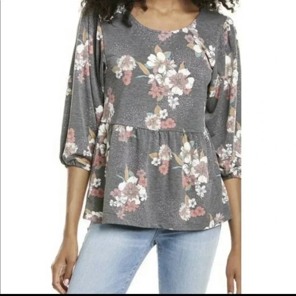 Bobeau Peplum Top Women XS Gray Floral NWT